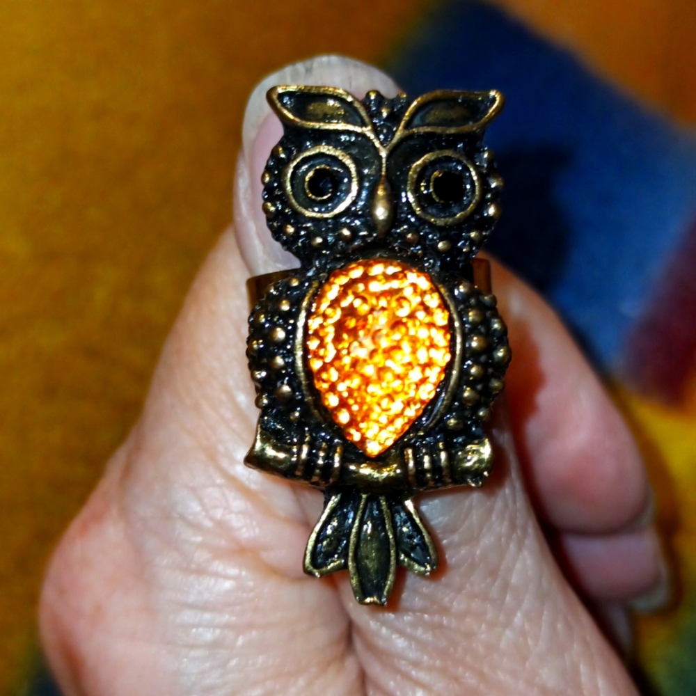 Owl ring with orange gem adjustable